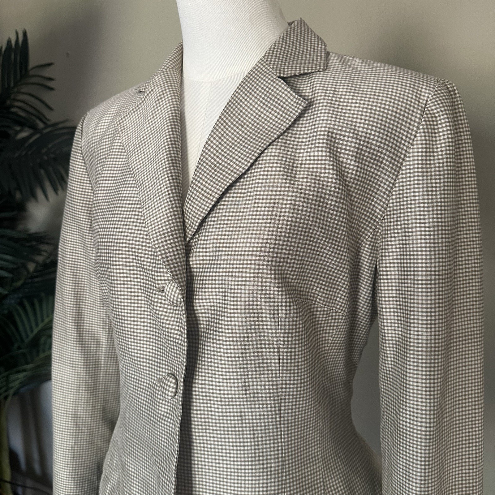 Kay Unger Gingham Silk Blazer Women 8, 2 Button Tie Preppy Beige Above Hip